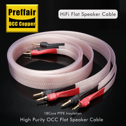 Hifi OCC Speaker Cable Flat Belt Speaker Cable with 90 Degree Banana Y Plugs Cable for Speaker Amplifier