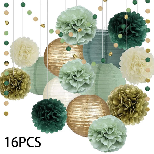 16Pcs Sage Green Party Decorations, Gray Green Paper Lanterns and Pom-Pom Flowers for Birthday Party Baby Shower Wedding Shower Decoration in Gold/Ivory/Gray Green