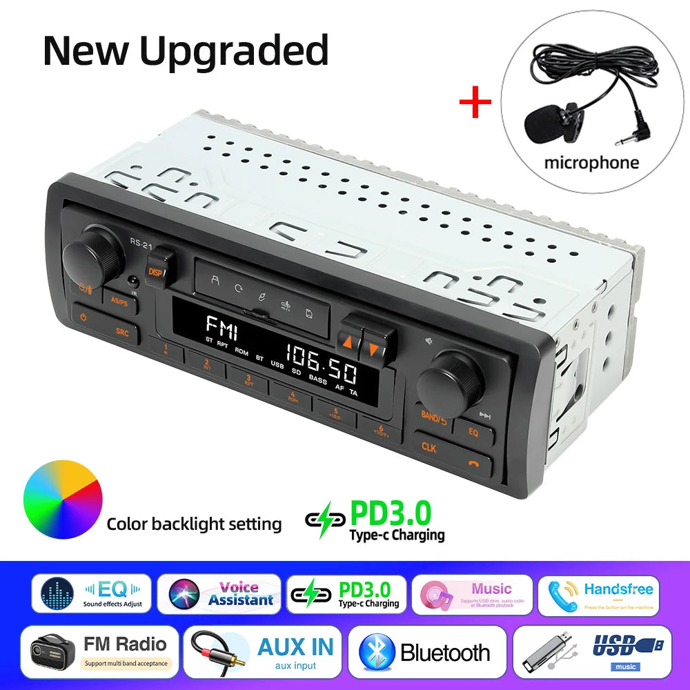 1DIN Retro Car Radio MP3 Player Stereo Bluetooth FM AM RDS Support QC3.0 For Porsche VW Benz BMW Land Rover Audi Alfa Romeo