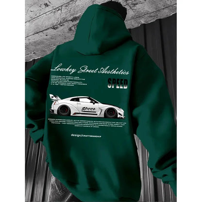 2026 New Arrival Sports Car Graphic Hoodie for Men White Street Racing Aesthetic Pullover with SPFRD Letter Print Streetwear