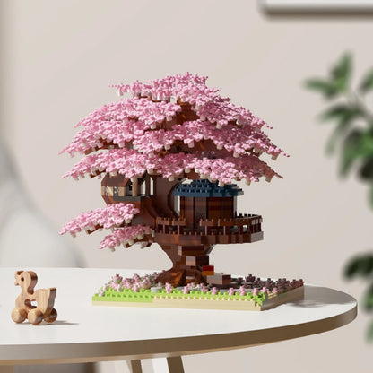 Large Sakura Treehouse Micro Particle Building Blocks, High-Difficulty Assembly Toy, 3D Collectible Display Piece, Suitable as a Holiday Gift for Children Aged 6 and Above