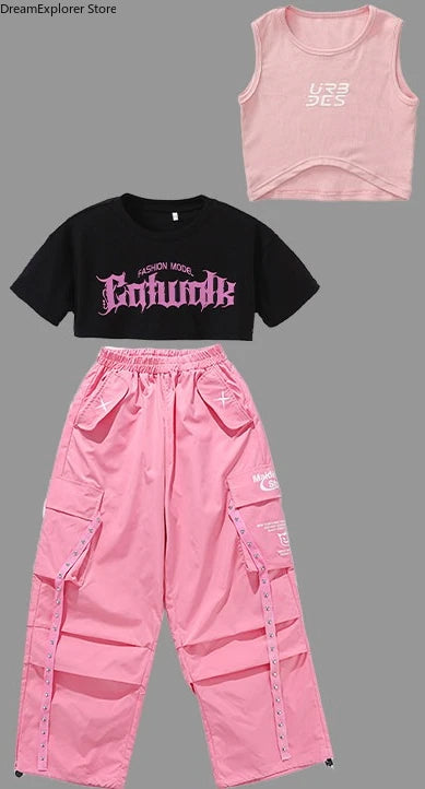 Girls K-pop Crop Top Street Dance Tiered Skirt Cargo Pants Children Costume Kids Hip Hop Streetwear Jazz Girl Group Clothes Sets