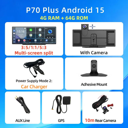Imagebon P70Plus 11.4" Android 15 8Core 6+128G CarPlay Android Auto Dash Cam Split Screen Video Recorder WiFi YouTube AI GPS DVR