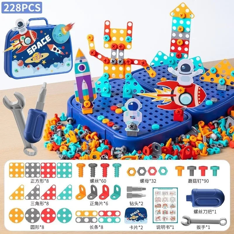 450Pcs Kids STEM Drill Set Creative Mosaic Puzzle Building Blocks Educational Engineering Kit with Screwdriver for Boys Girls