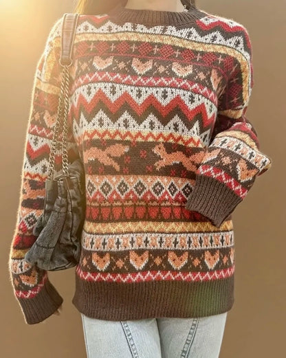 New Christman-themed autumn and winter cute animal fox pattern jacquard round-neck pullover sweater for women