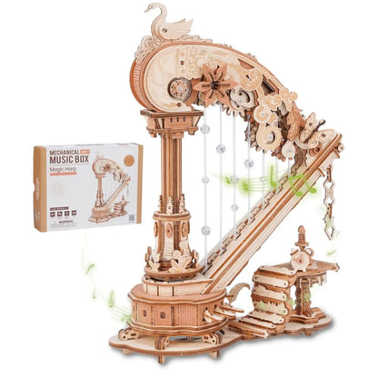 ROKR Magic Harp 3D Wooden Puzzle Music Box Mechanical Art Craft Kits Vintage Musical Wooden Model Kit for Adults Home