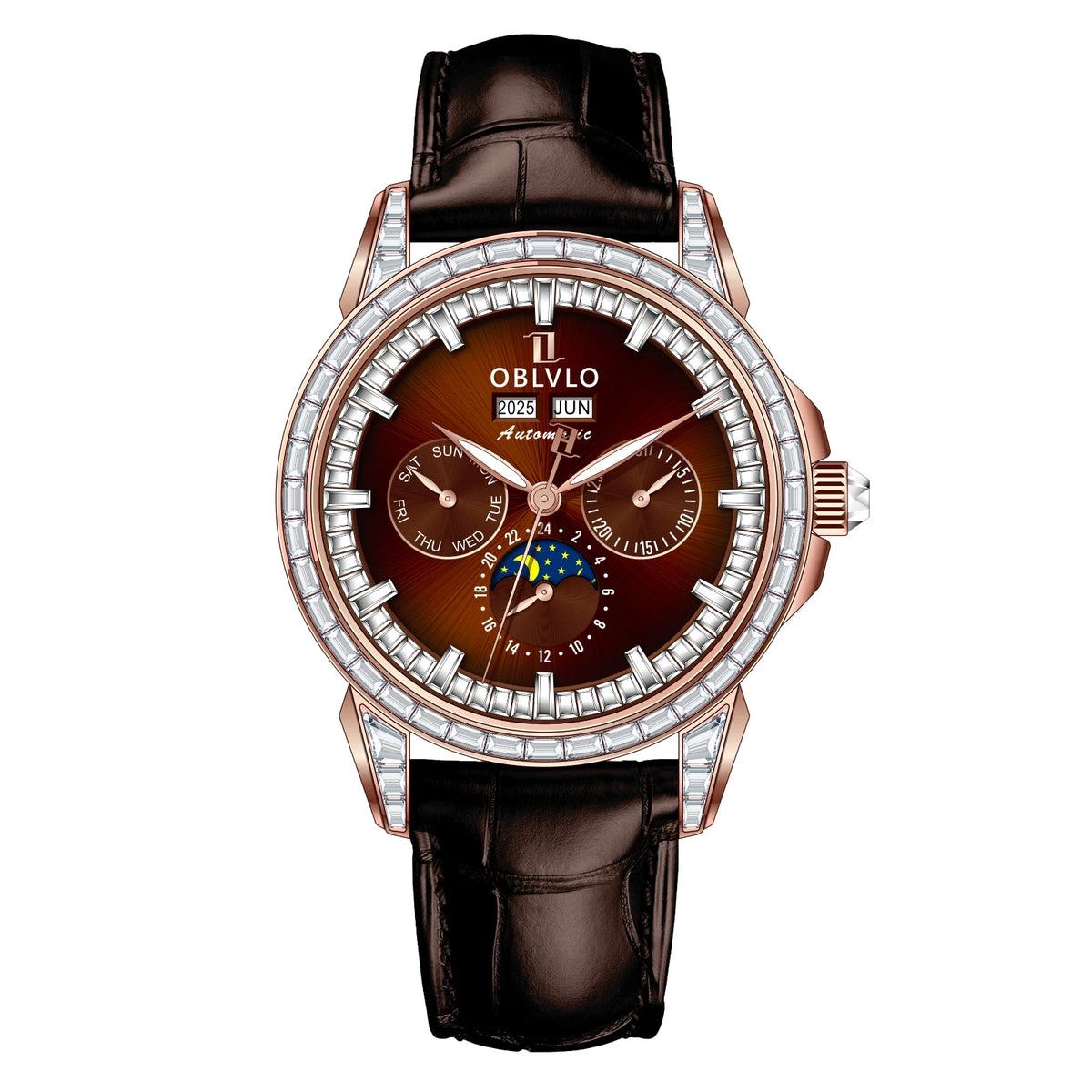 OBLVLO Men's Fashion Automatic Watch Colorful Zircon Moonphase Mechanical Multifunctional Black Leather Strap Timepiece GCM-MUT