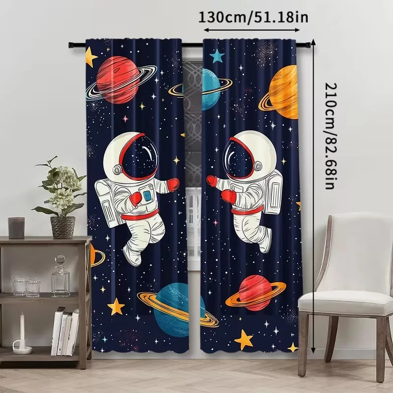 2PC Navy Space Astronaut Sheer Curtains - Playful Sci-Fi Themed Print Window Drapes for Kids' Room Bedroom Decor