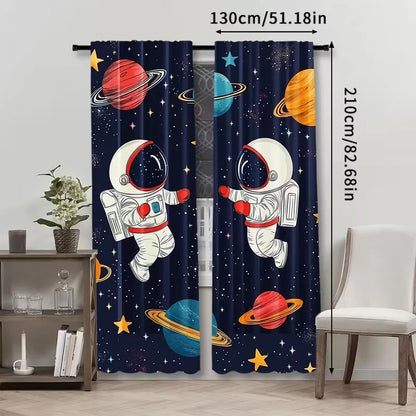 2PC Navy Space Astronaut Sheer Curtains - Playful Sci-Fi Themed Print Window Drapes for Kids' Room Bedroom Decor