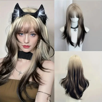 Women's Long Straight Brown Black to White Ombre Wig - Heat-Resistant Synthetic Hair,for Daily Use Cosplay Enthusiasts Christmas