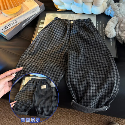 Bellbell Autumn 1-12Yrs Boy Lantern Pant Loose Elastic Waist Plaid Children Boys Trousers Casual Toddler Kids Boys Straight Pant