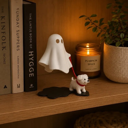 Ghost Walking Puppy Halloween Figurine, Cute White Dog and Ghost Tabletop Decor for Desk, Shelf, Office, Bedroom and Home & Gift
