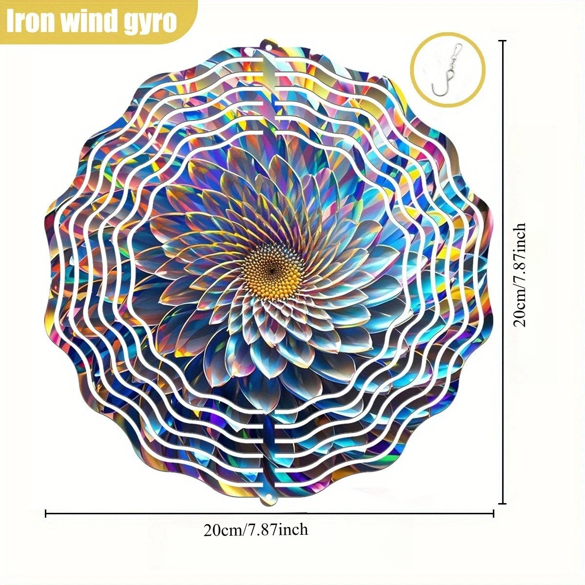 Flower Wind Vane with 360° Rotating Hook - Round Iron Metal Wind Spinner, Vibrant Multicolor Petals & Iridescent Rainbow Colors