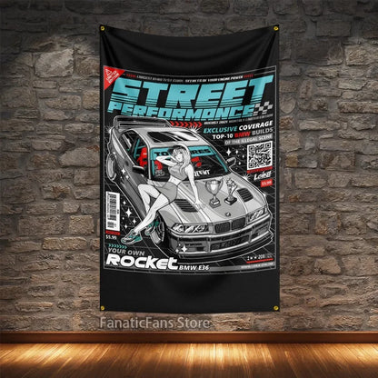 JDM Modified Racing Car Flagge Polyester Digital Printing Cars Banner For Decoration