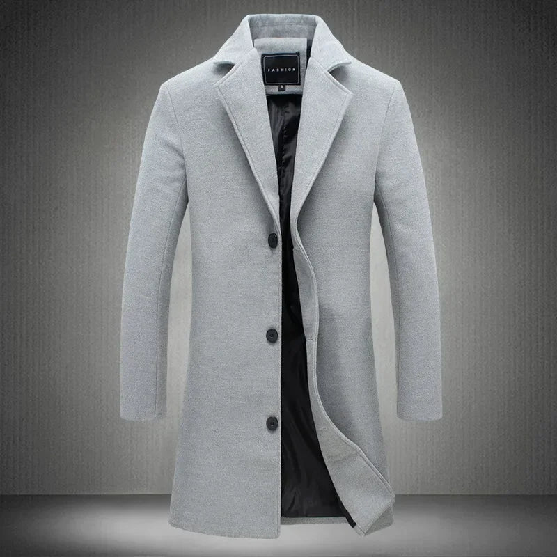 2025 New Men's Trench Coat Wool Blend Overcoat Autumn Winter Fashion Slim Fit Long Coat Business Casual Outerwear Windbreaker
