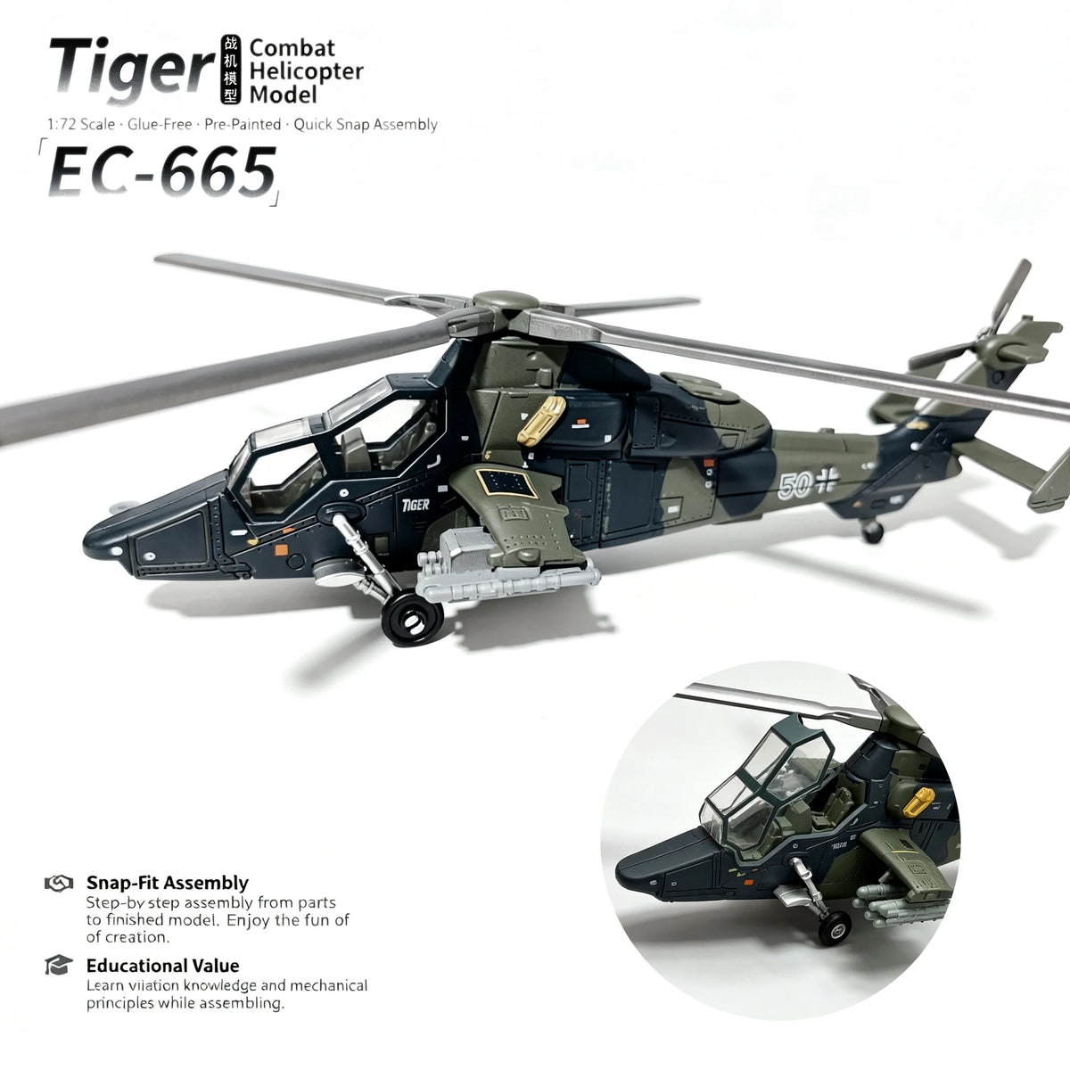 1:72 Scale DIY Assembly Military Helicopter Model Kit, Openable Cabin Door, Detachable Accessories, Collectible Desktop Decor, I
