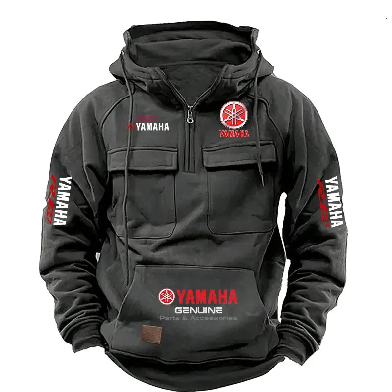 2026 New YAMAHA Logo Men Retro Velvet Half Zip Hoodie Multi Pocket Motorcycle Racing Sweatshirt Autumn Winter Casual Outerwear