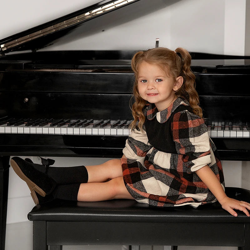 Ali-Plus Family Clothes Set Black Cotton Mousse Cashme Plaid Girl Dress Vest Shirt Black Mock Neck Top Plaid for Autumn Children