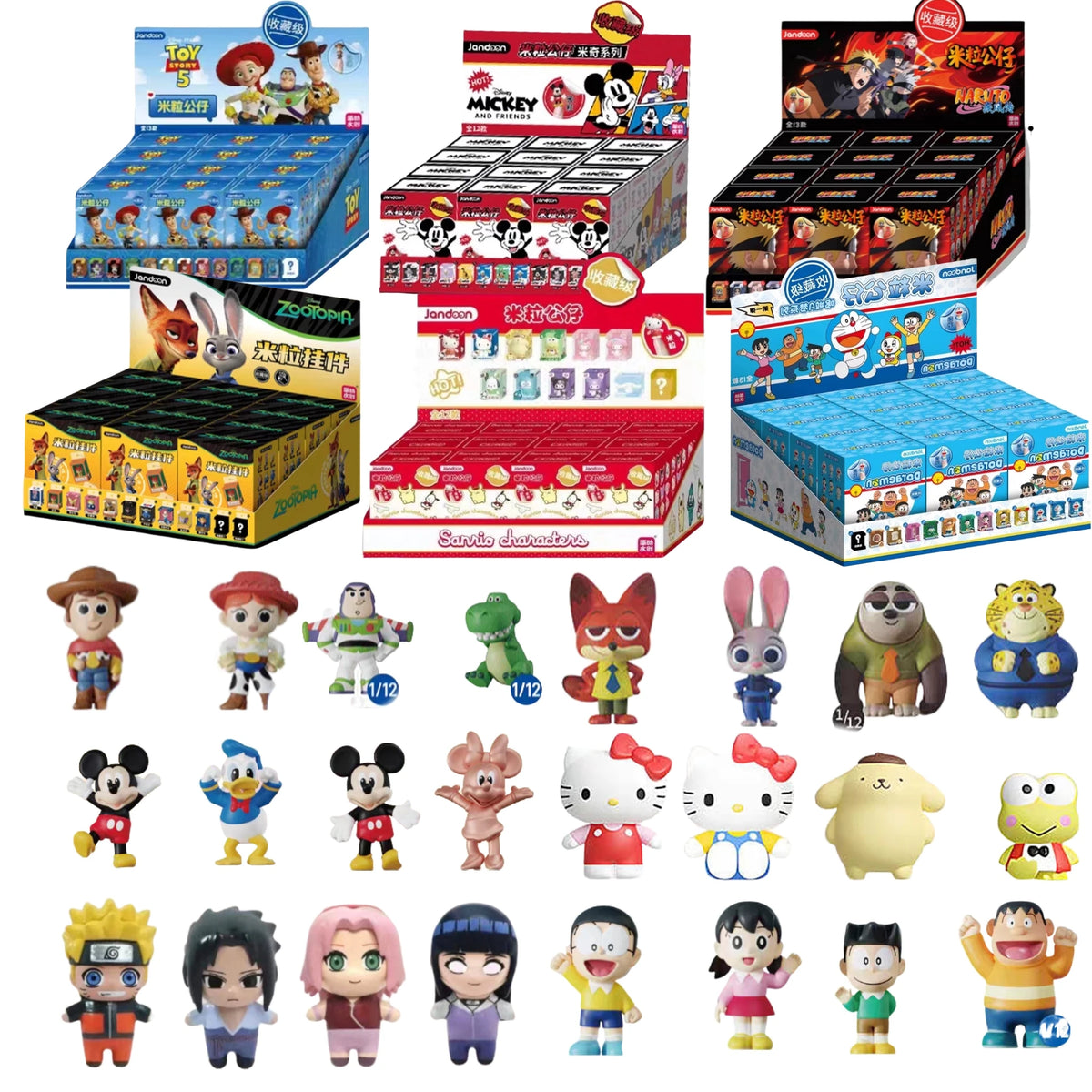 JANDOOM  Toy Story Stitch Mickey Mouse Winnie Zootopia Doraemon Action Figure Rice Grains Doll Model Blind Box Toys Modei Gifts