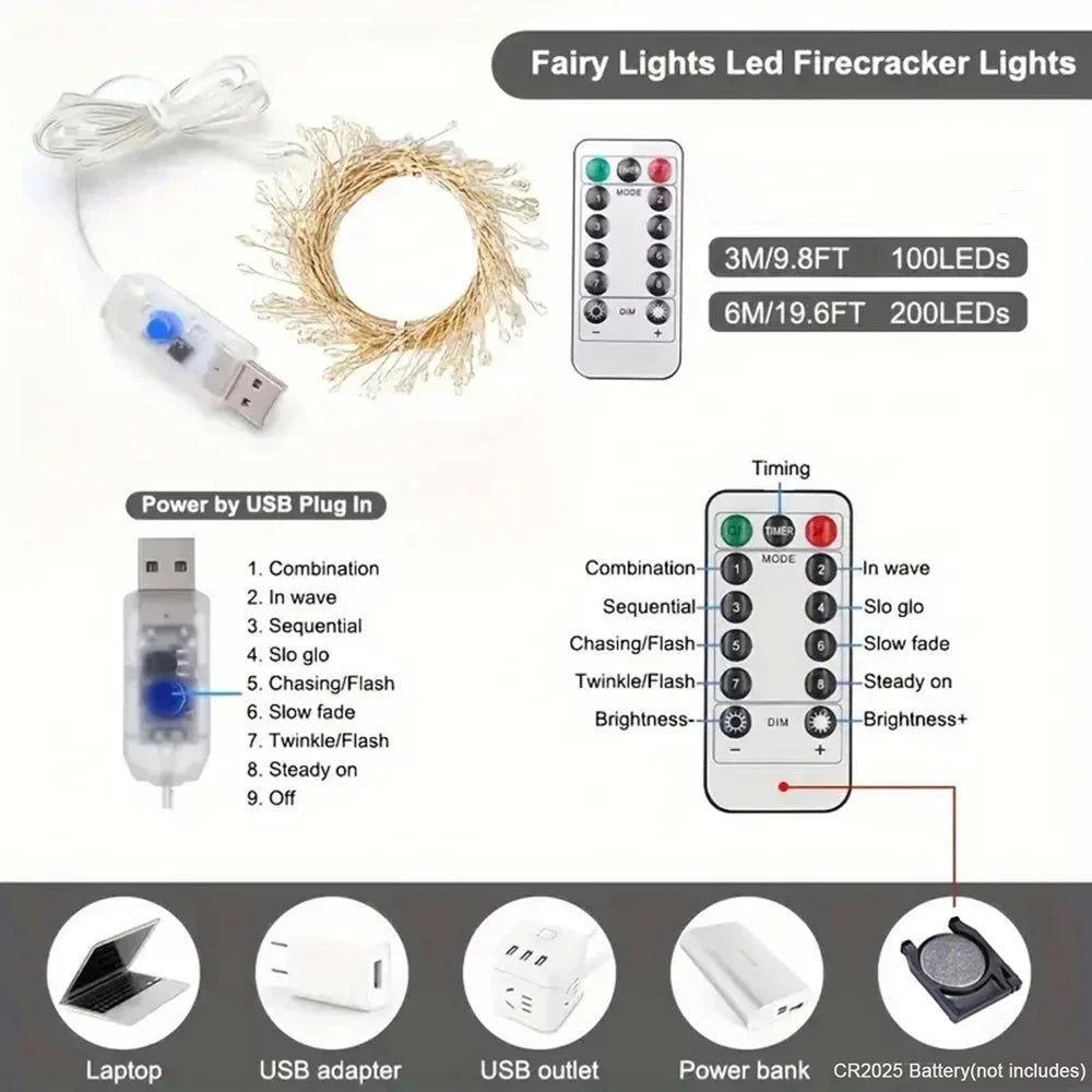 Remote Control Garland Fairy Lights 5V DC LED Firecracker Weaving String Light USB Battery Powered for Wedding Decoration