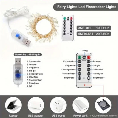 Remote Control Garland Fairy Lights 5V DC LED Firecracker Weaving String Light USB Battery Powered for Wedding Decoration