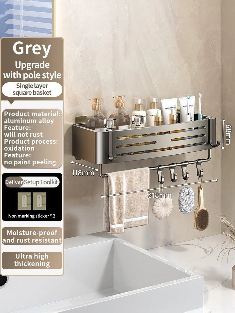 No Need To Drill Wall for Installation Aluminum Bathroom Shelf Shelves Shampoo Rack Storage Holder Kitchen Organizer Wall Rack