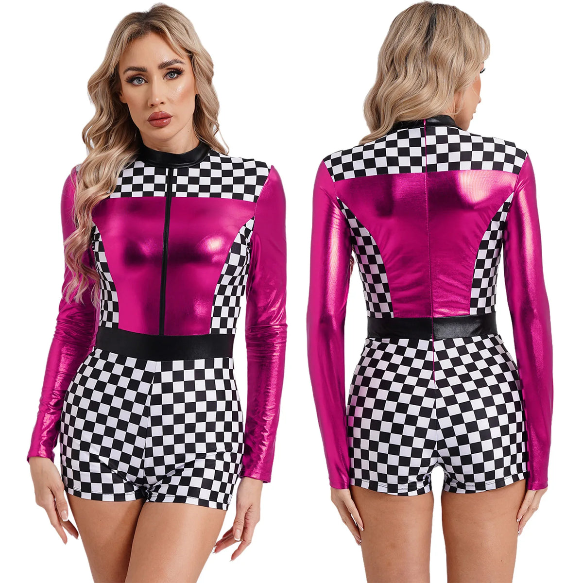 Women's Race Car Driver Romper Bodysuit Halloween Cosplay Costumes Theme Checkerboard Print Long Sleeve Boyshorts Racer Jumpsuit