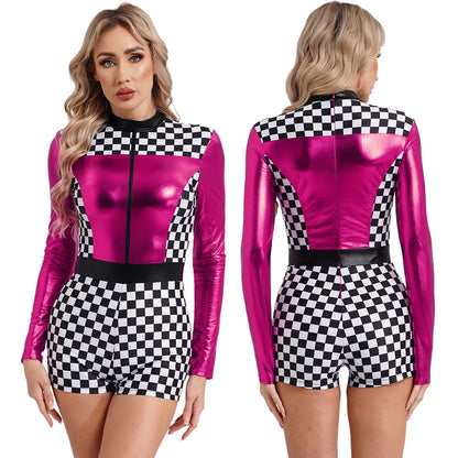 Women's Race Car Driver Romper Bodysuit Halloween Cosplay Costumes Theme Checkerboard Print Long Sleeve Boyshorts Racer Jumpsuit