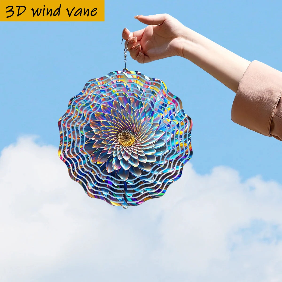Flower Wind Vane with 360° Rotating Hook - Round Iron Metal Wind Spinner, Vibrant Multicolor Petals & Iridescent Rainbow Colors