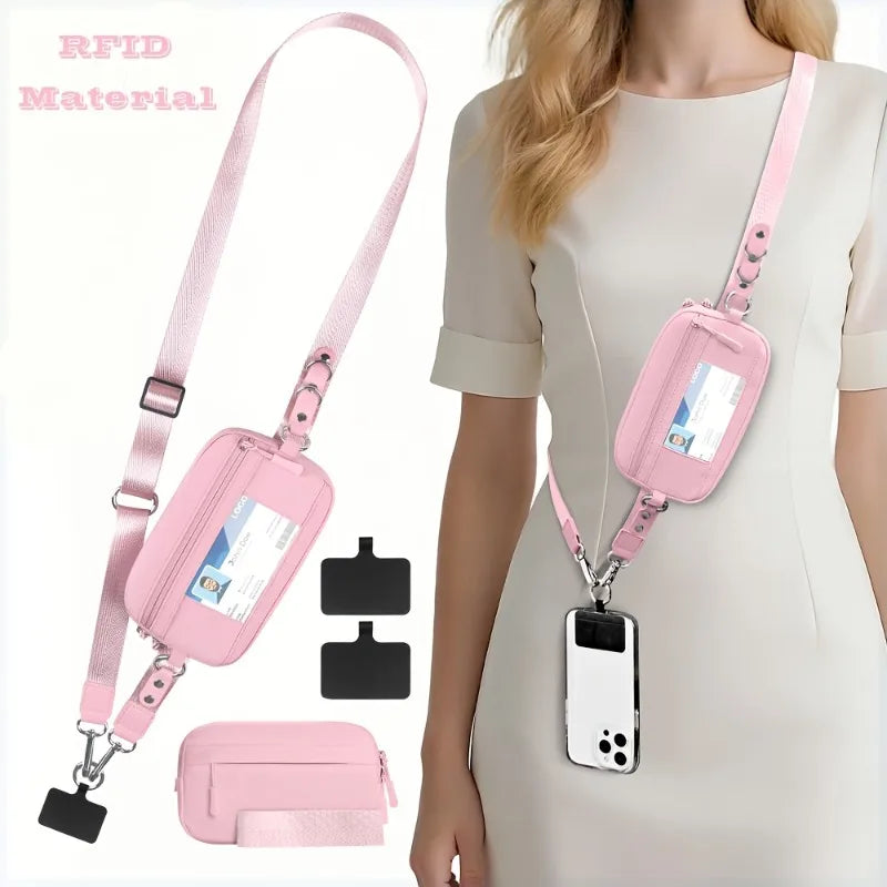 Trend Stripes Diagonal Cross Mobile Phone Lanyard Strap with Multifunctional Wallet Portable Storage Bag for Travel Anti Loss