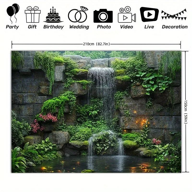 Stone Waterfall Mossy Rocks Garden Tapestry Zen Meditation Space Outdoor Patio Decor Tranquil Flowing Water Natural StoneTexture