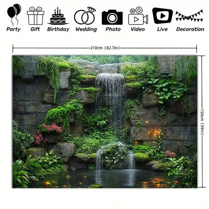 Stone Waterfall Mossy Rocks Garden Tapestry Zen Meditation Space Outdoor Patio Decor Tranquil Flowing Water Natural StoneTexture