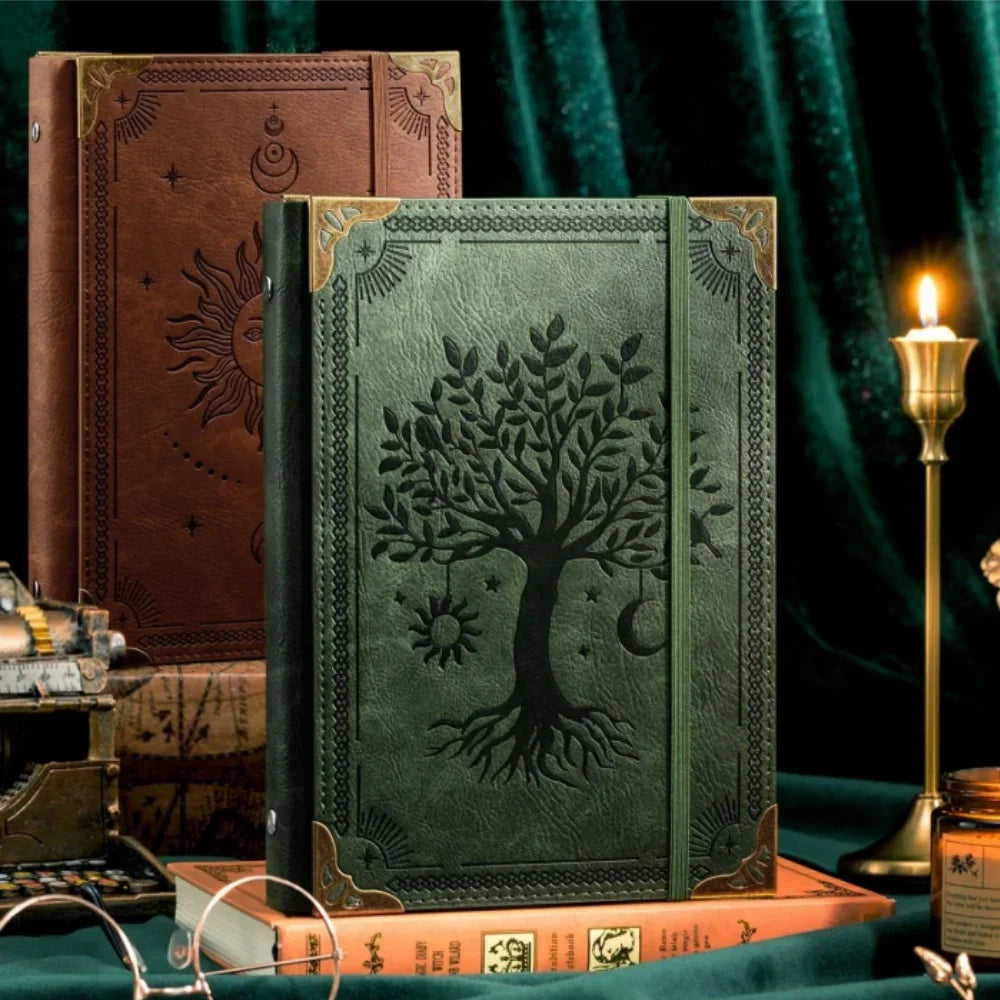 Notebook Vintage Leather Tree of Life Notebook, Thick Spell Book Planner for Student, Magic Study Notebook with Refillable Paper
