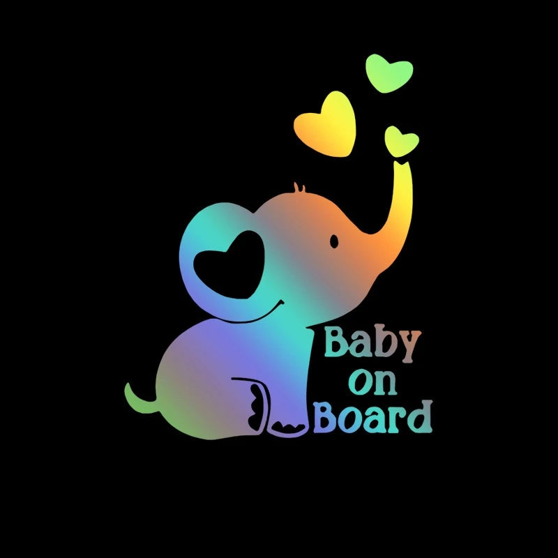 Creative Car Reflective Sticker Baby on Board, Elephant Window Decoration, Car Sticker, Essential for Mother and Baby, Safety Reminder, Laptop Sticker