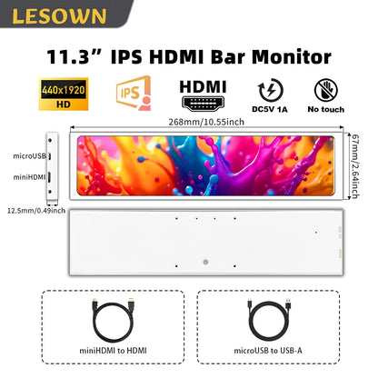 LESOWN 11.3'' Portable Auxiliary Monitor Stretched Display 440x1920 Ultra Slim Bar Screen for Laptop PC Ps Pr Additional Monitor