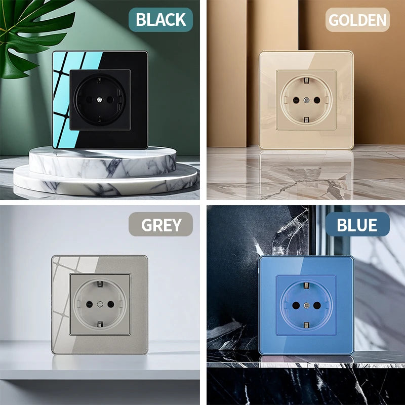 86X86MM Tempered Glass Wall Switch Socket EU FR UK Standard USB Charging Port 10A/13A 250V 1/2/3/4 Gang Crystal Panel