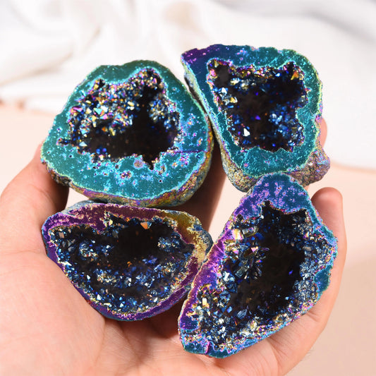 1PC Natural Agate Plated/Electroplated Cornucopia Crystal Cave Raw Stone Bare Stone Display Mineral Specimen Decoration Fortune