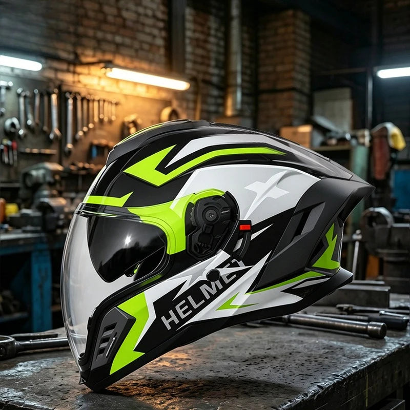 New Motorcycle Dual Lens Exposed Face Helmet Men's and Women's Four Season Models Large Tail Wing Motorcycle Full Face Helmet