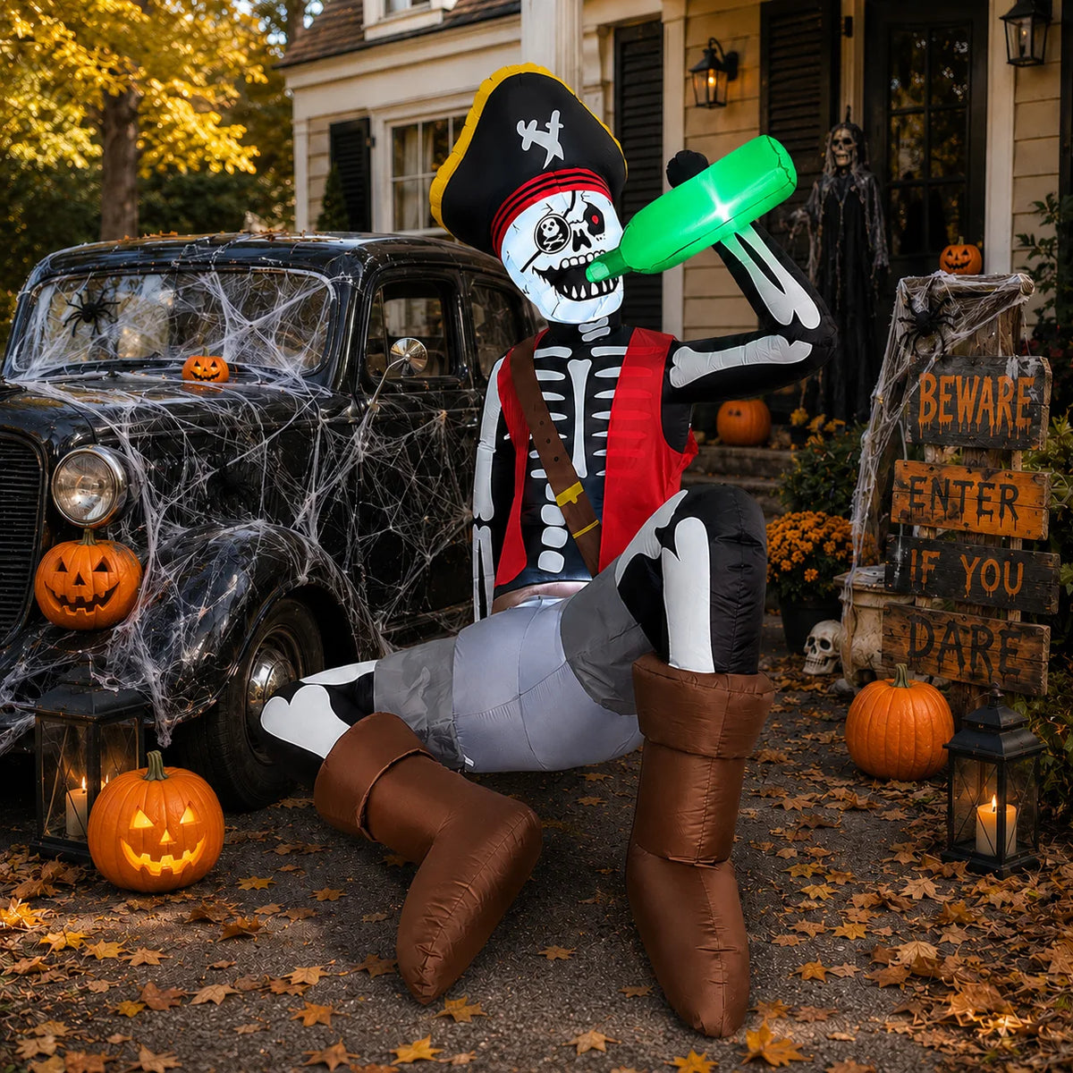 6.5FT Halloween Inflatable Decoration, Drinking Skeleton Pirate, Suitable for Patios, Lawns, Indoor and Outdoor Holiday Parties.
