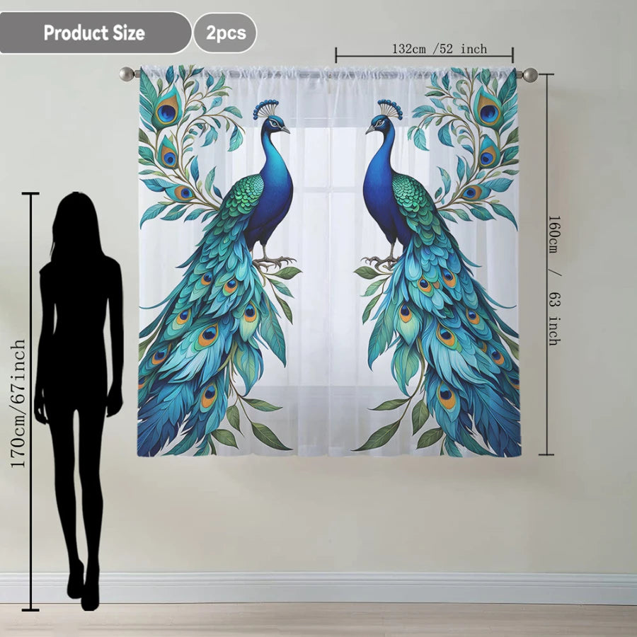 2PCS Digital Print Sheer Curtains, Symmetric Blue Peacock, Exotic Elegant Ornamental for Bedroom Living Room Home Decor