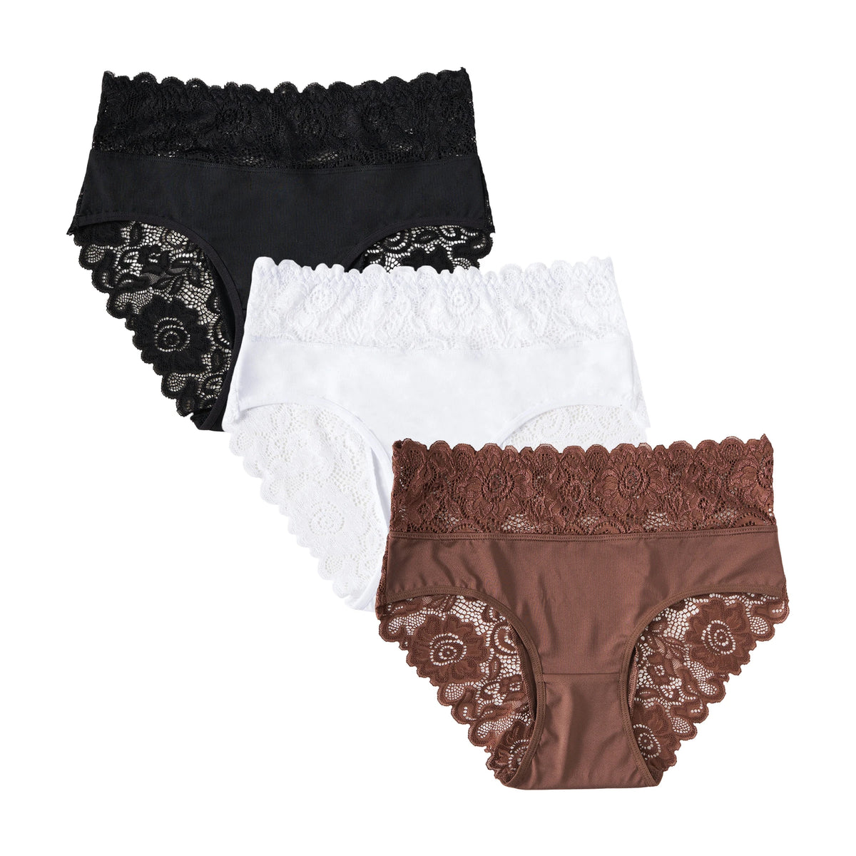 3pcs Women's High-Waist Briefs Lace Trim Soft Breathable Underwear, Solid Color Panties Suitable for All Seasons, Daily Wear
