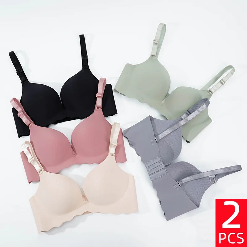 2PCS Women's Solid Color Wavy Edge Seamless Bras One-Piece Wire Free Sexy Push-Up Bra Female Fashion Comfortable Bras Lingerie