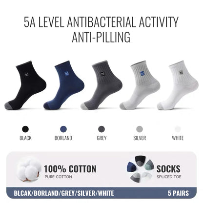 MiiOW 100% Pure Cotton Socks Men Business Dress Sock Anti Odor Crew Socks Antibacterial Breathable Sports Long Sock Black White