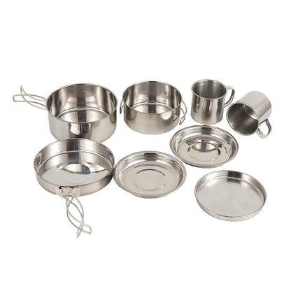 8 pcs/set camping cookware mess kit stainless steel cooking pot and pan set with plates cups for outdoor hiking backpacking