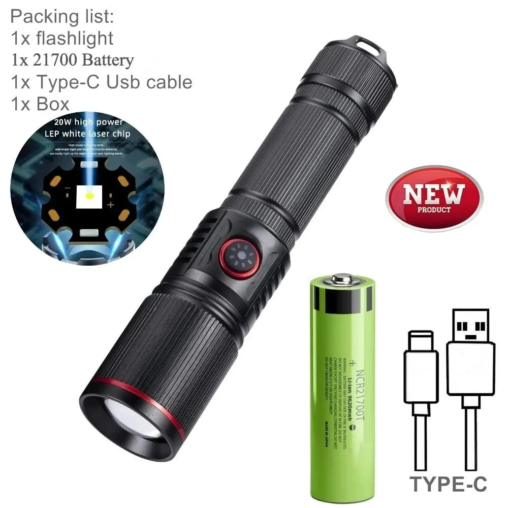 Portable Powerful White Laser LED Flashlight Tactical Zoom Torch USB Rechargeable 18650 Battery Camping Fishing Lantern