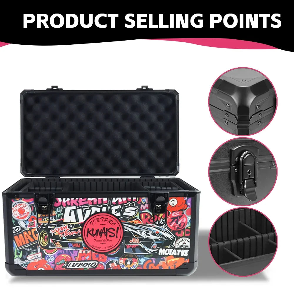 Graffiti Large Aluminum Alloy Toolbox - Durable Multi-Functional Double Layer Adjustable Size Storage Box 43x23x24.5 Cm