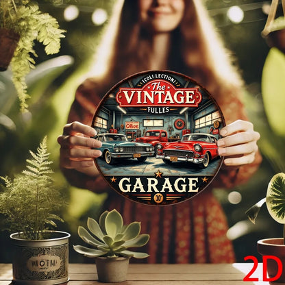 Vintage Retro Garage Aluminum Round Wall Plaque: 2D Flat Metal Sign with Classic Cars & Tools Design – for Bars, Cafes,