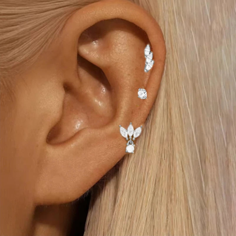 3PCS Stainless Steel Gold Color Circle Hoop Earrings Set for Women Simple Zircon Flower Stud Earring Cartilage Piercing Jewelry