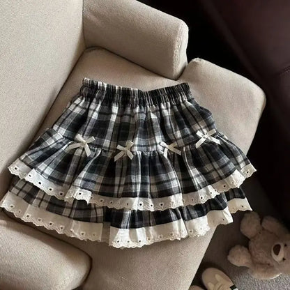 Sweet Cool Kawaii Y2K Puff Mini Skirt Women's Plaid High-Waist Lace Patchwork Bow Casual Dating Skirt  Lolita School Performance