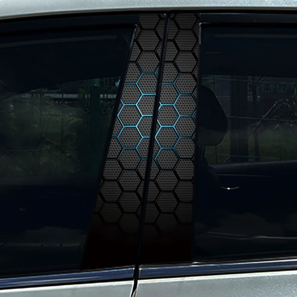 2PCS Textured Honeycomb Blue B-Pillar Car Stickers Waterproof Anti Scratch Vinyl Decals  Universal Styling Accessories